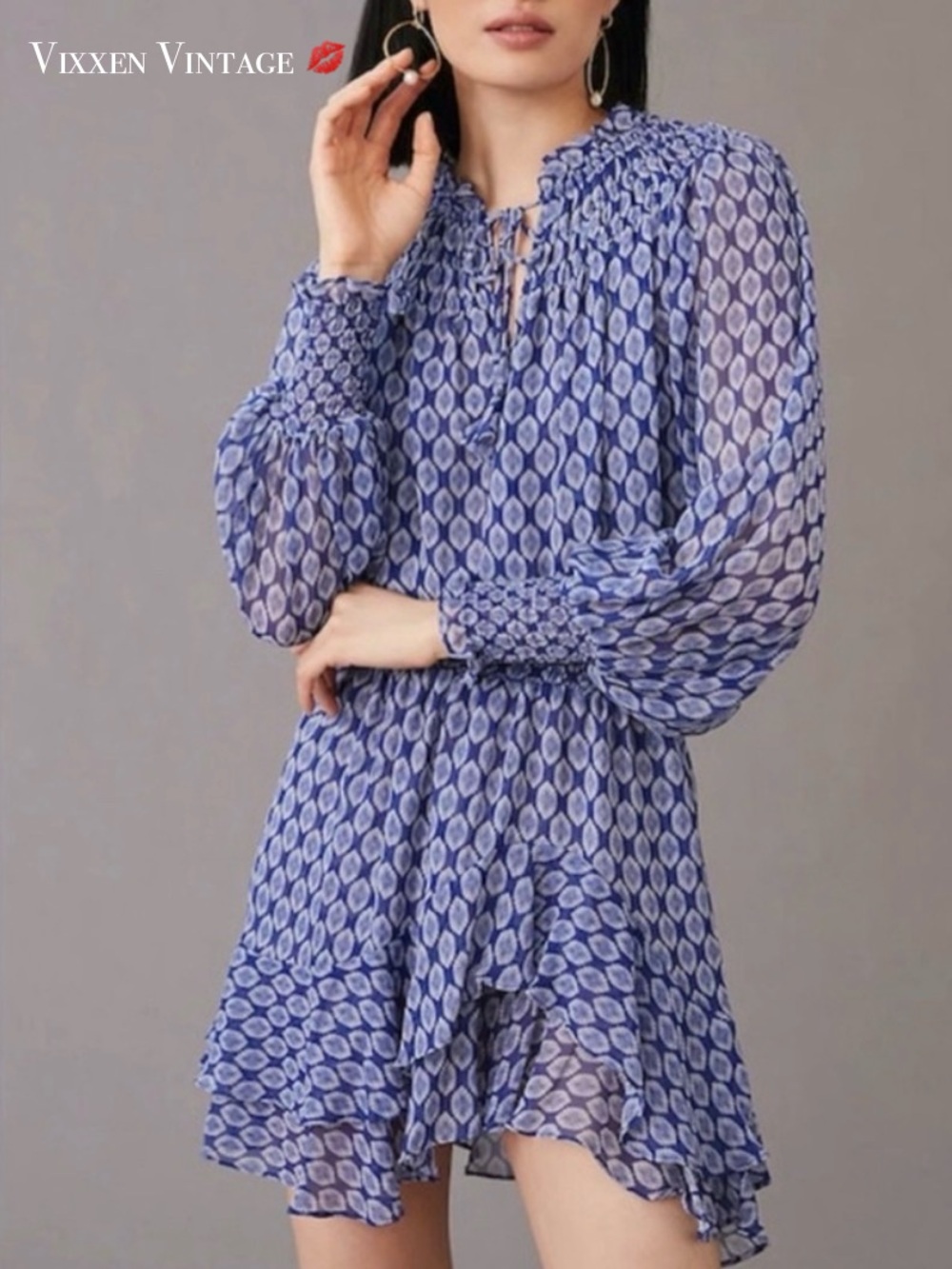 MISA BLOUSON SMOCKED TIERED RUFFLE ‘ALMAHA MINI DRESS’ IN MAJORELLE LAPIS TILE